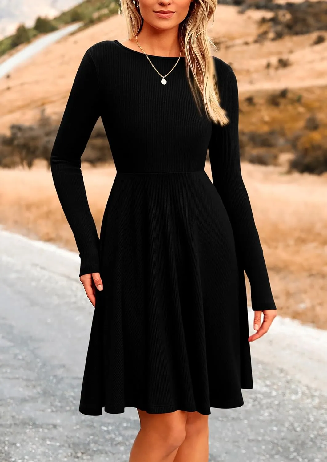 PRETTYGARDEN Women's Spring Fall Short Dress Ribbed Knit Crewneck Long Sleeve A Line Flowy Casual Elegant Going Out Dresses