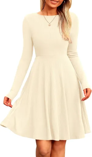 PRETTYGARDEN Women's Spring Fall Short Dress Ribbed Knit Crewneck Long Sleeve A Line Flowy Casual Elegant Going Out Dresses