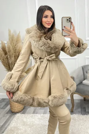 Rala Beige Faux PU Faux Leather Faux Fur Trim Button Up Coat