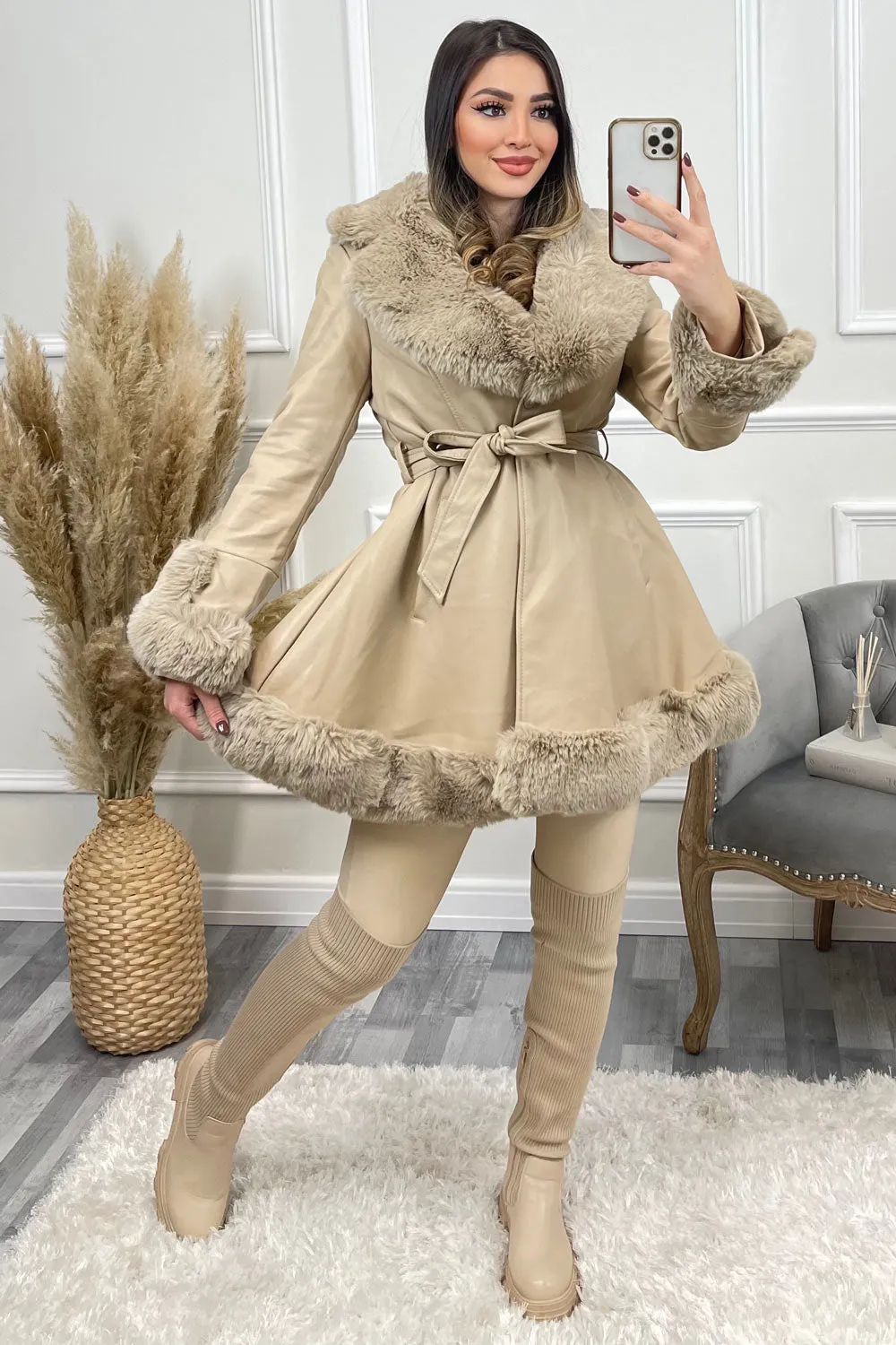Rala Beige Faux PU Faux Leather Faux Fur Trim Button Up Coat