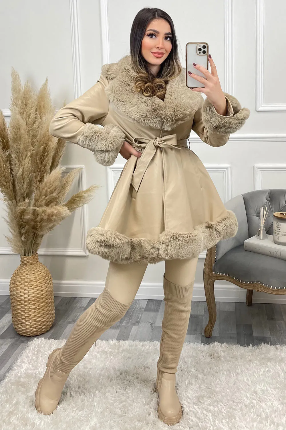 Rala Beige Faux PU Faux Leather Faux Fur Trim Button Up Coat