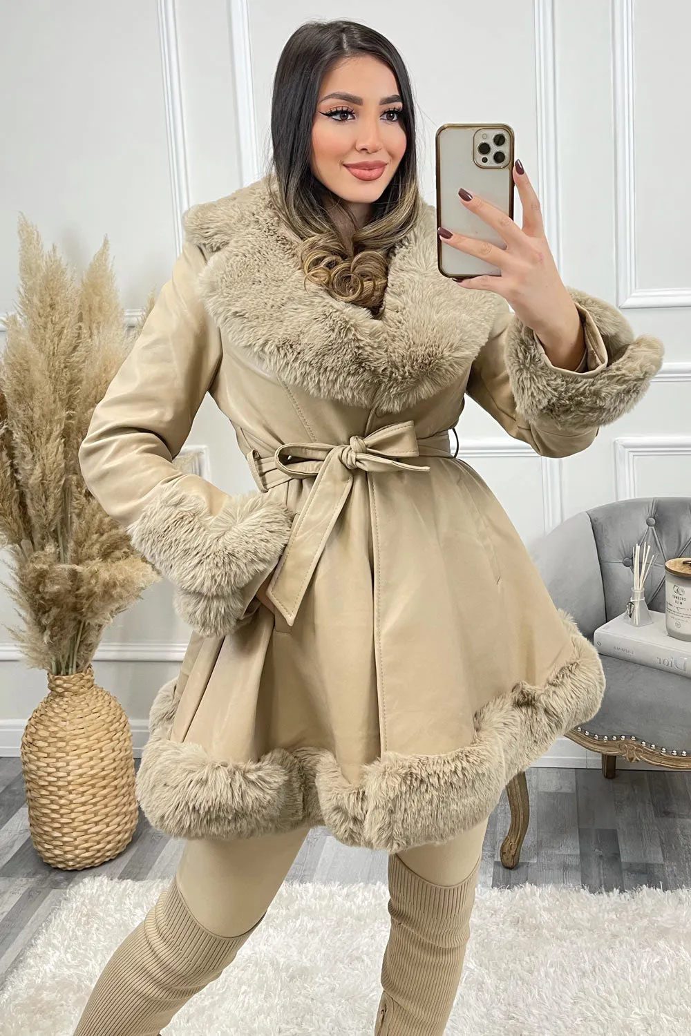 Rala Beige Faux PU Faux Leather Faux Fur Trim Button Up Coat