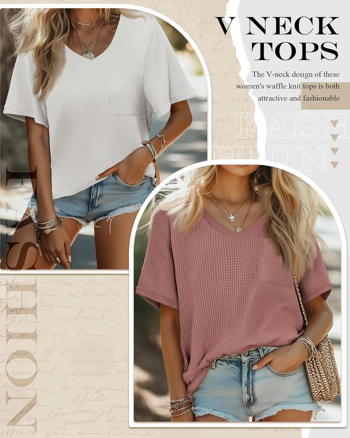 Riyiper 3 Pack Womens V Neck T-Shirts Short Sleeve Waffle Knit Oversized Loose Fit Casual Summer Tees Basic Tops