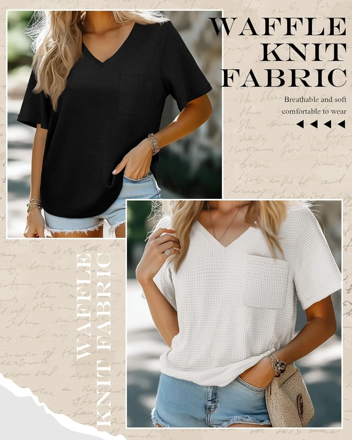 Riyiper 3 Pack Womens V Neck T-Shirts Short Sleeve Waffle Knit Oversized Loose Fit Casual Summer Tees Basic Tops