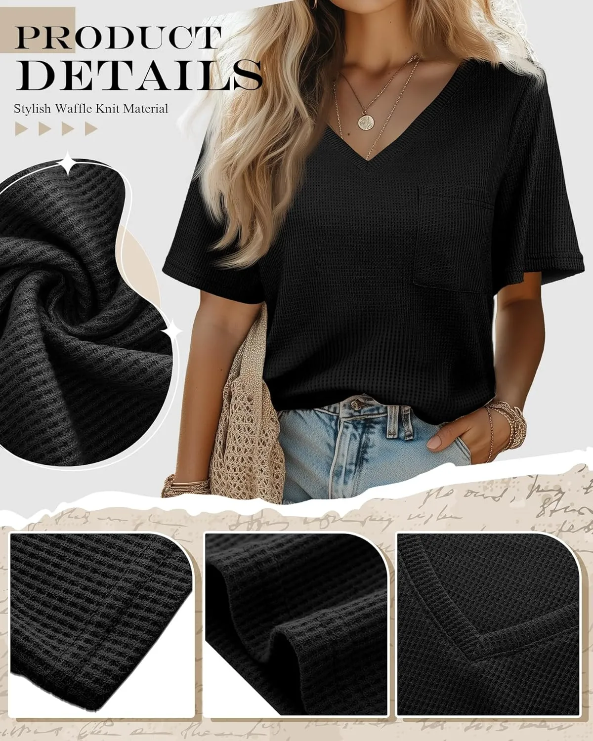 Riyiper 3 Pack Womens V Neck T-Shirts Short Sleeve Waffle Knit Oversized Loose Fit Casual Summer Tees Basic Tops