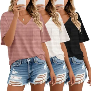 Riyiper 3 Pack Womens V Neck T-Shirts Short Sleeve Waffle Knit Oversized Loose Fit Casual Summer Tees Basic Tops