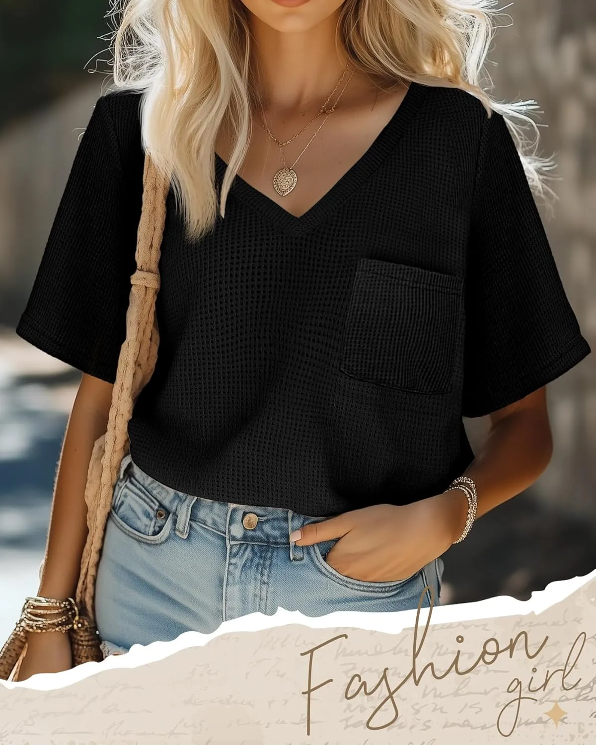 Riyiper 3 Pack Womens V Neck T-Shirts Short Sleeve Waffle Knit Oversized Loose Fit Casual Summer Tees Basic Tops