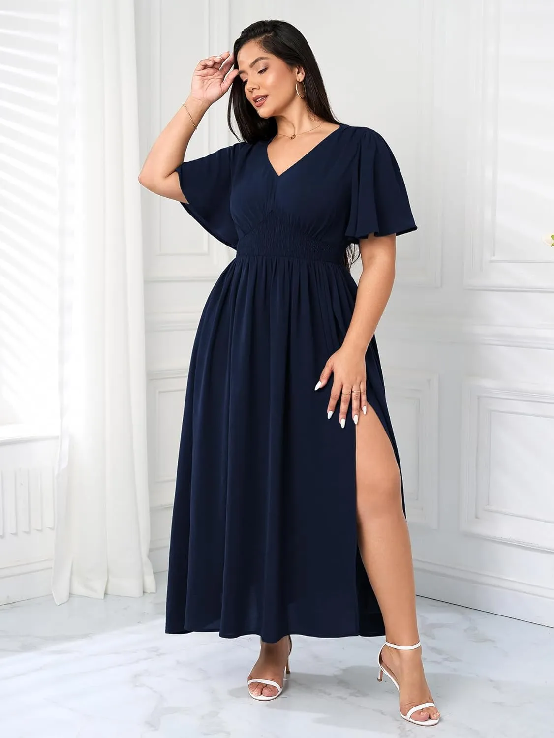 SCOMCHIC Women Plus Size Maxi Formal Dresses Wedding Guest Cocktail Short Sleeve V Neck Smocked Slit Long Flowy Dress