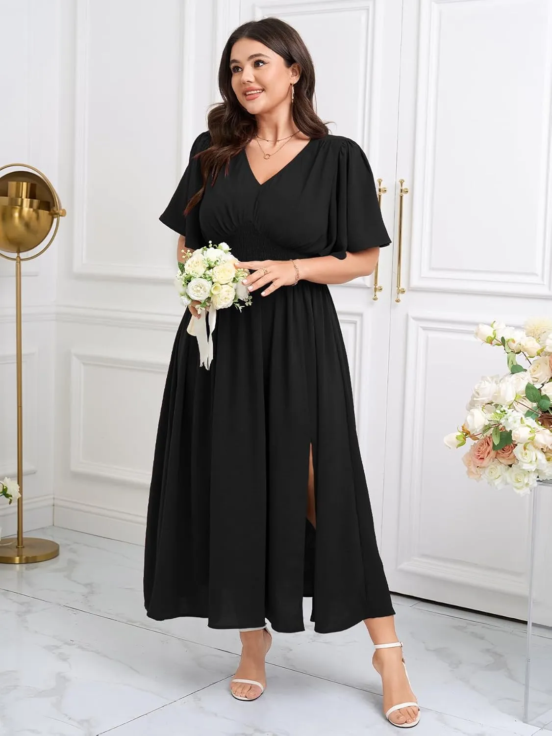 SCOMCHIC Women Plus Size Maxi Formal Dresses Wedding Guest Cocktail Short Sleeve V Neck Smocked Slit Long Flowy Dress