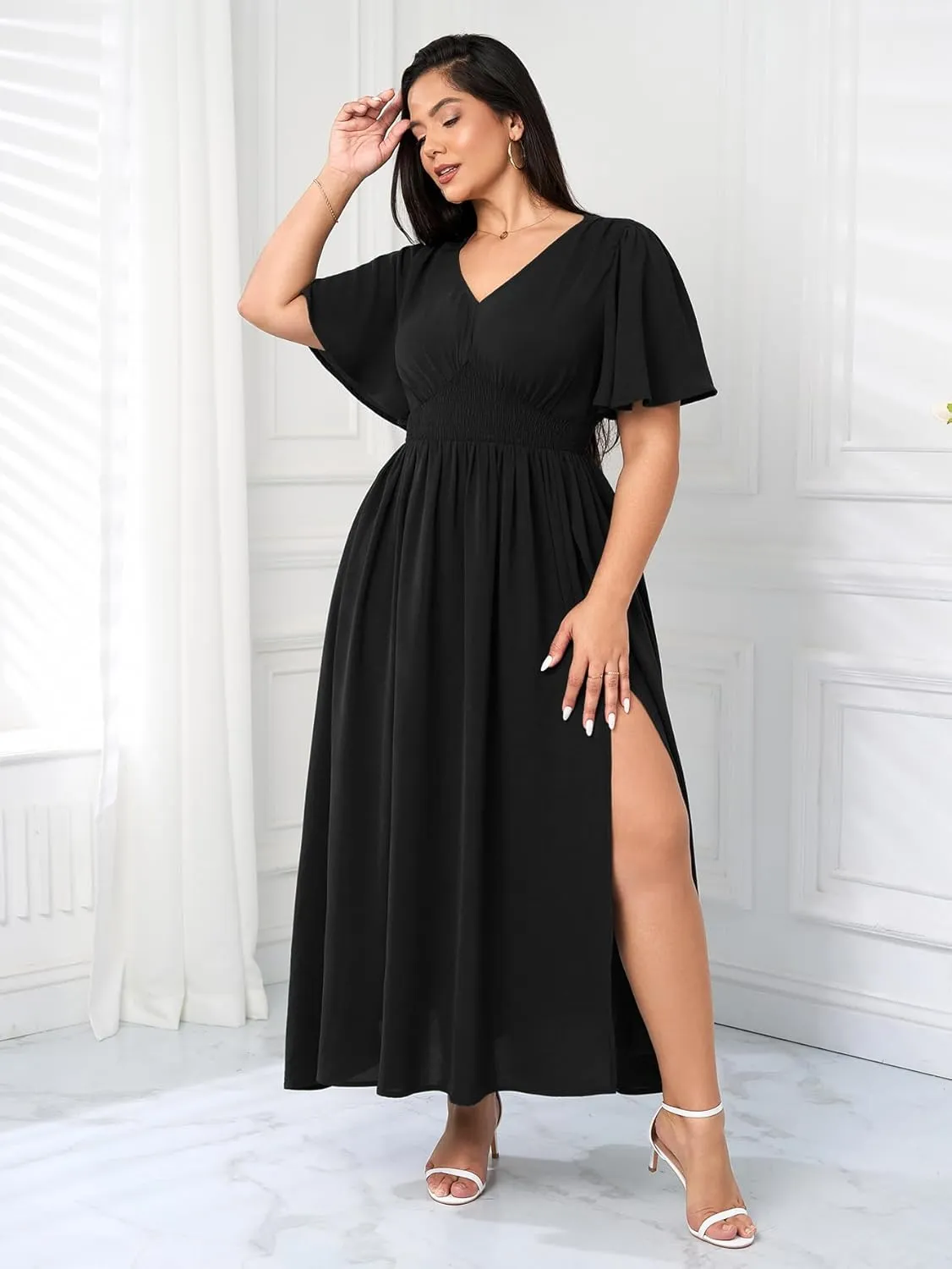 SCOMCHIC Women Plus Size Maxi Formal Dresses Wedding Guest Cocktail Short Sleeve V Neck Smocked Slit Long Flowy Dress