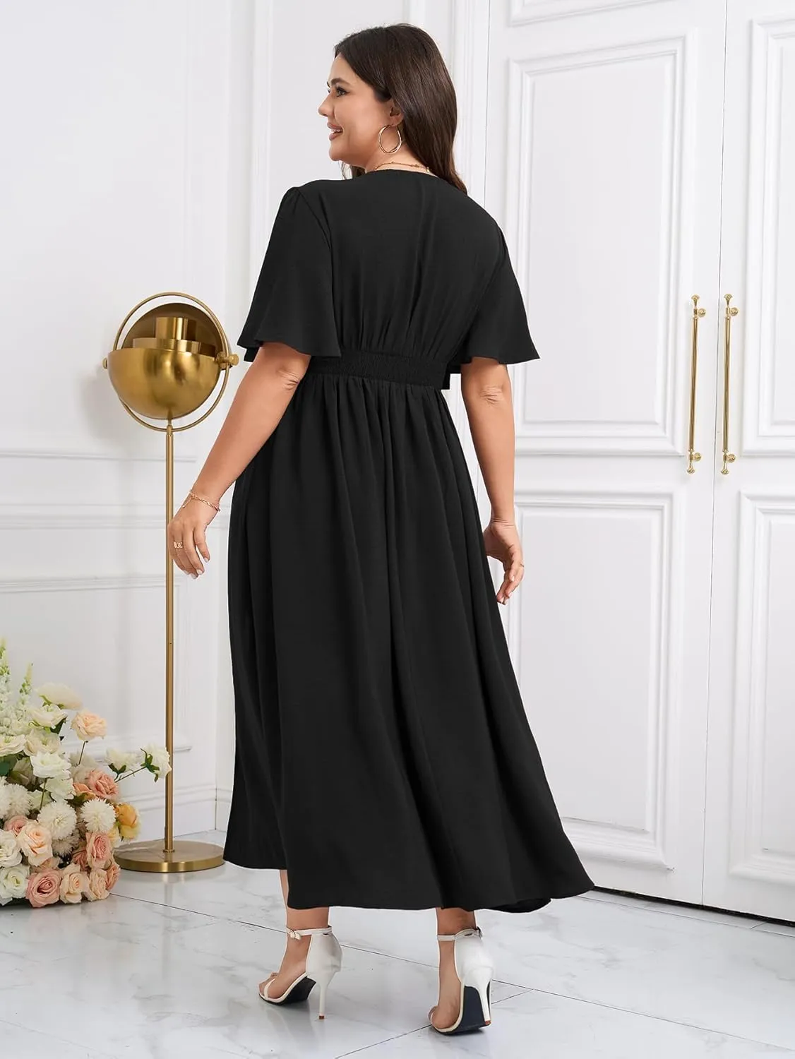 SCOMCHIC Women Plus Size Maxi Formal Dresses Wedding Guest Cocktail Short Sleeve V Neck Smocked Slit Long Flowy Dress