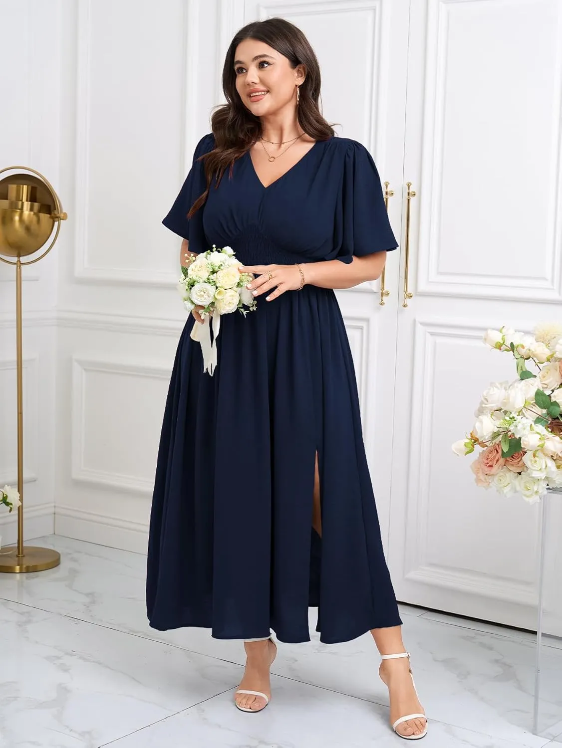 SCOMCHIC Women Plus Size Maxi Formal Dresses Wedding Guest Cocktail Short Sleeve V Neck Smocked Slit Long Flowy Dress