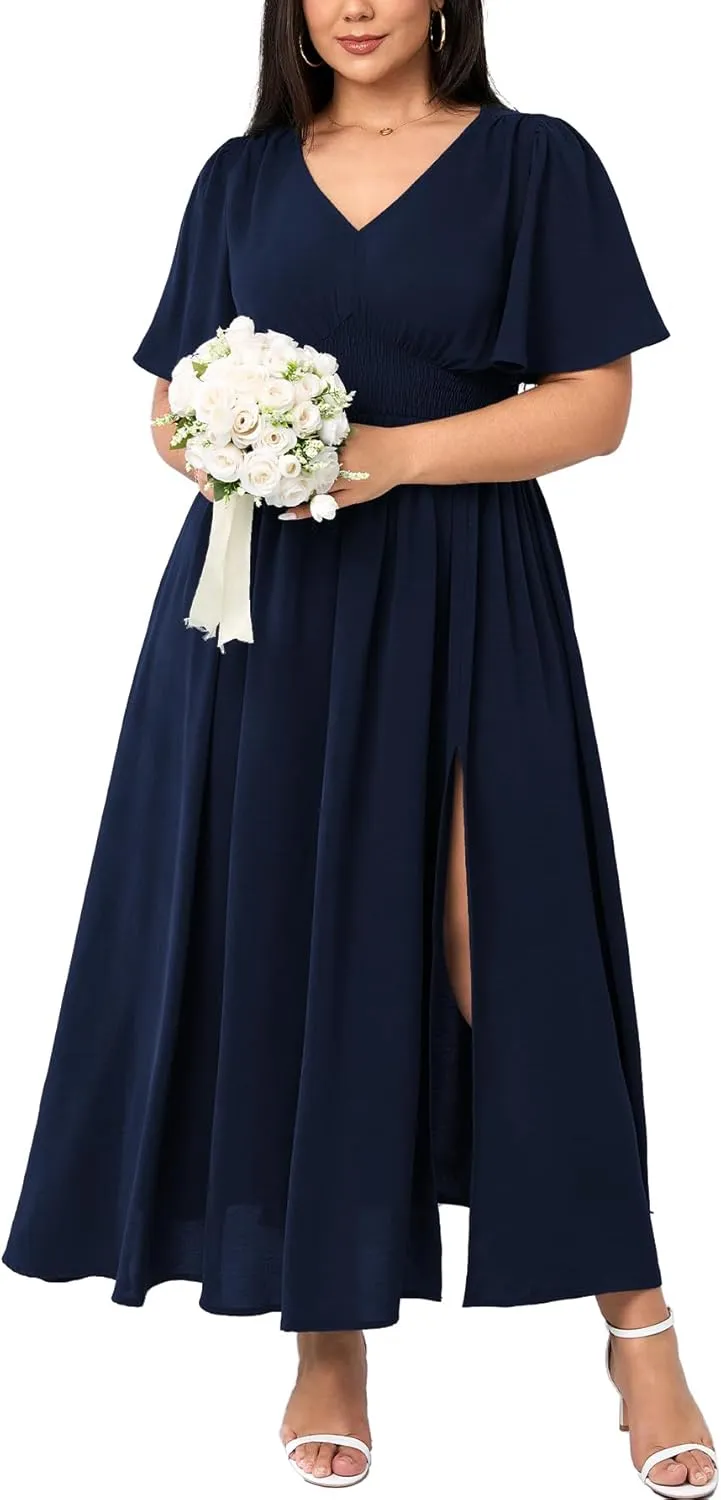 SCOMCHIC Women Plus Size Maxi Formal Dresses Wedding Guest Cocktail Short Sleeve V Neck Smocked Slit Long Flowy Dress