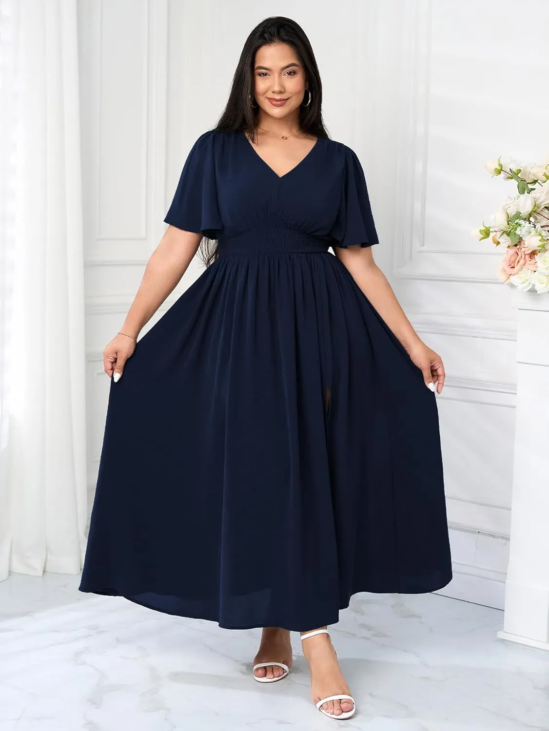 SCOMCHIC Women Plus Size Maxi Formal Dresses Wedding Guest Cocktail Short Sleeve V Neck Smocked Slit Long Flowy Dress