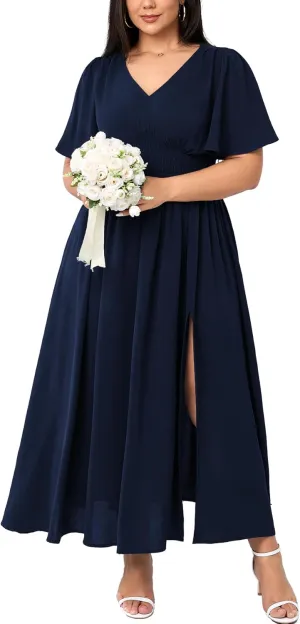 SCOMCHIC Women Plus Size Maxi Formal Dresses Wedding Guest Cocktail Short Sleeve V Neck Smocked Slit Long Flowy Dress