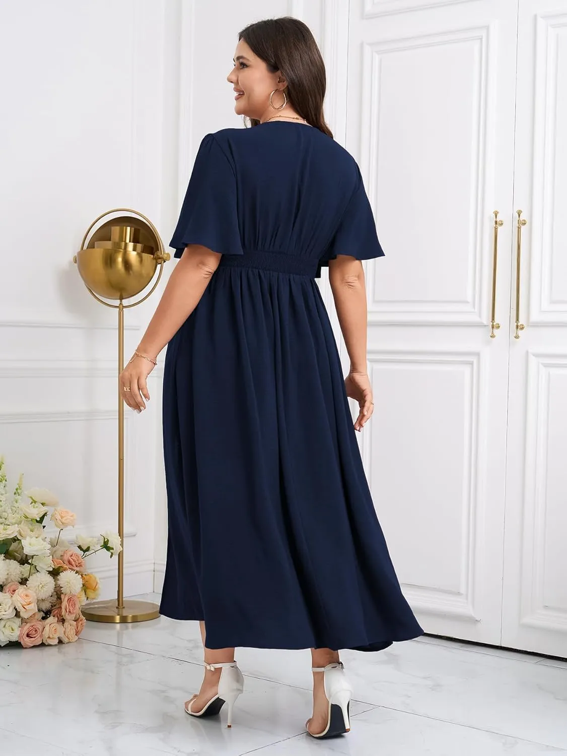 SCOMCHIC Women Plus Size Maxi Formal Dresses Wedding Guest Cocktail Short Sleeve V Neck Smocked Slit Long Flowy Dress