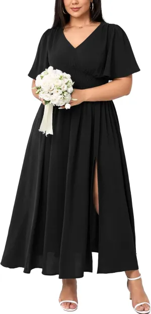 SCOMCHIC Women Plus Size Maxi Formal Dresses Wedding Guest Cocktail Short Sleeve V Neck Smocked Slit Long Flowy Dress