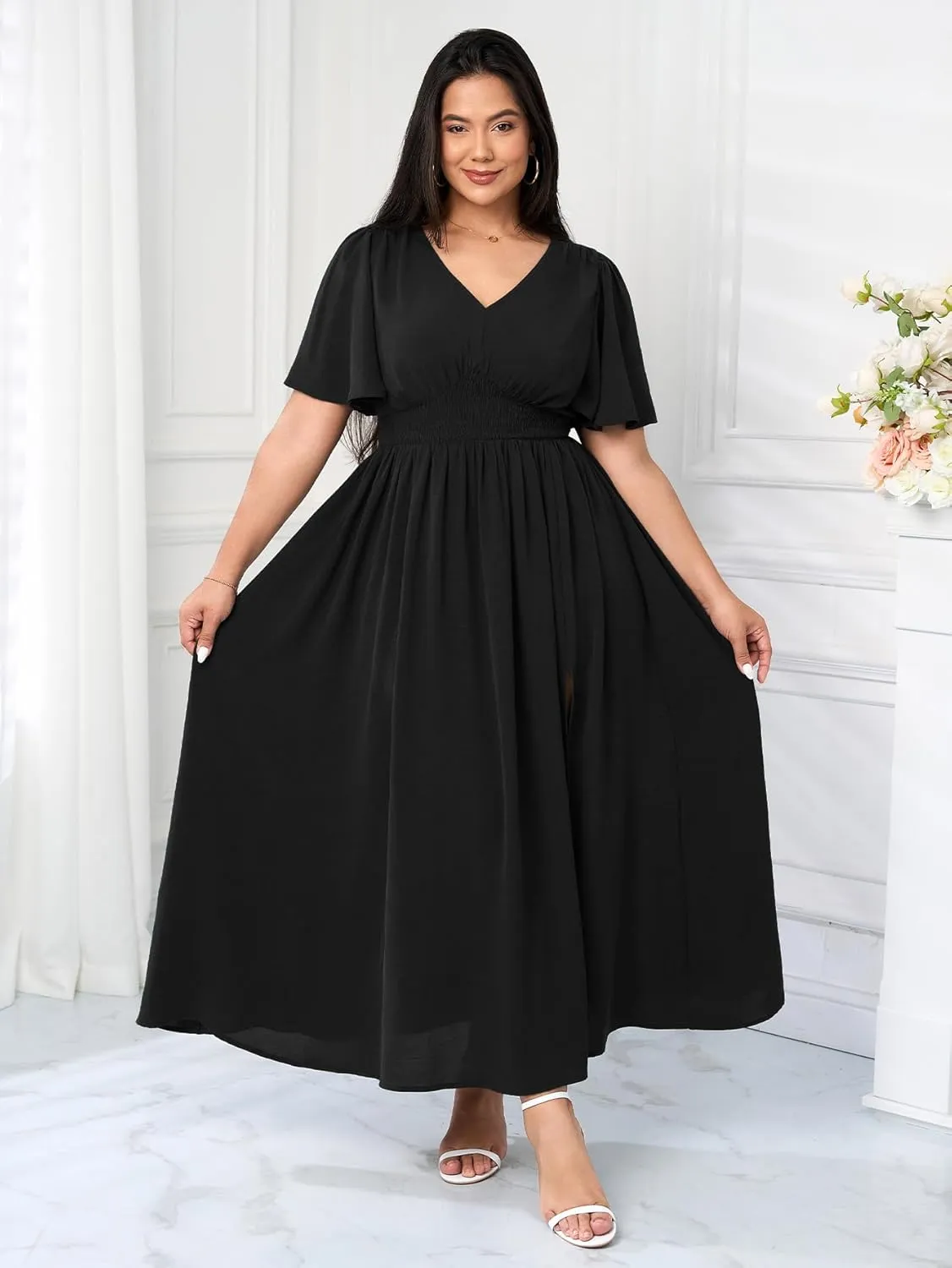 SCOMCHIC Women Plus Size Maxi Formal Dresses Wedding Guest Cocktail Short Sleeve V Neck Smocked Slit Long Flowy Dress