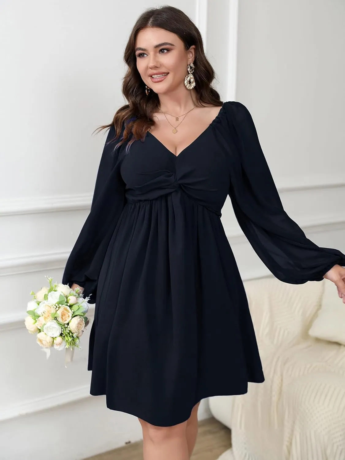 SCOMCHIC Women's Plus Size Puff Long Sleeve Dresses Sweetheart Neckline A Line Short Wedding Guest Cocktail Dress