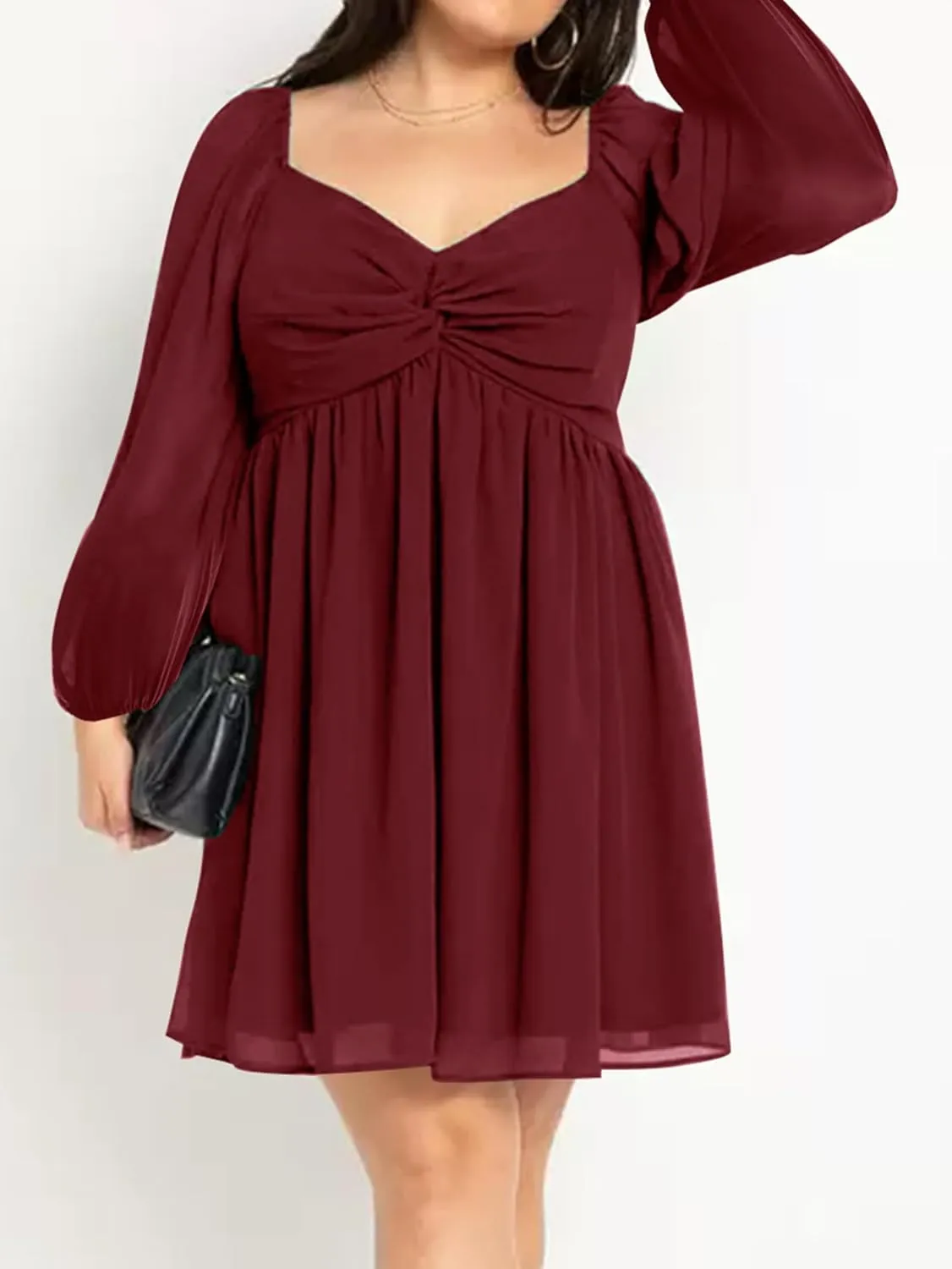 SCOMCHIC Women's Plus Size Puff Long Sleeve Dresses Sweetheart Neckline A Line Short Wedding Guest Cocktail Dress