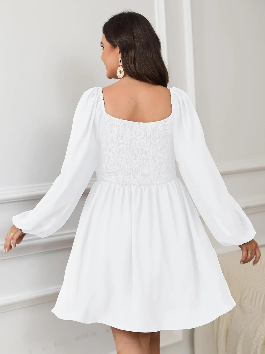 SCOMCHIC Women's Plus Size Puff Long Sleeve Dresses Sweetheart Neckline A Line Short Wedding Guest Cocktail Dress