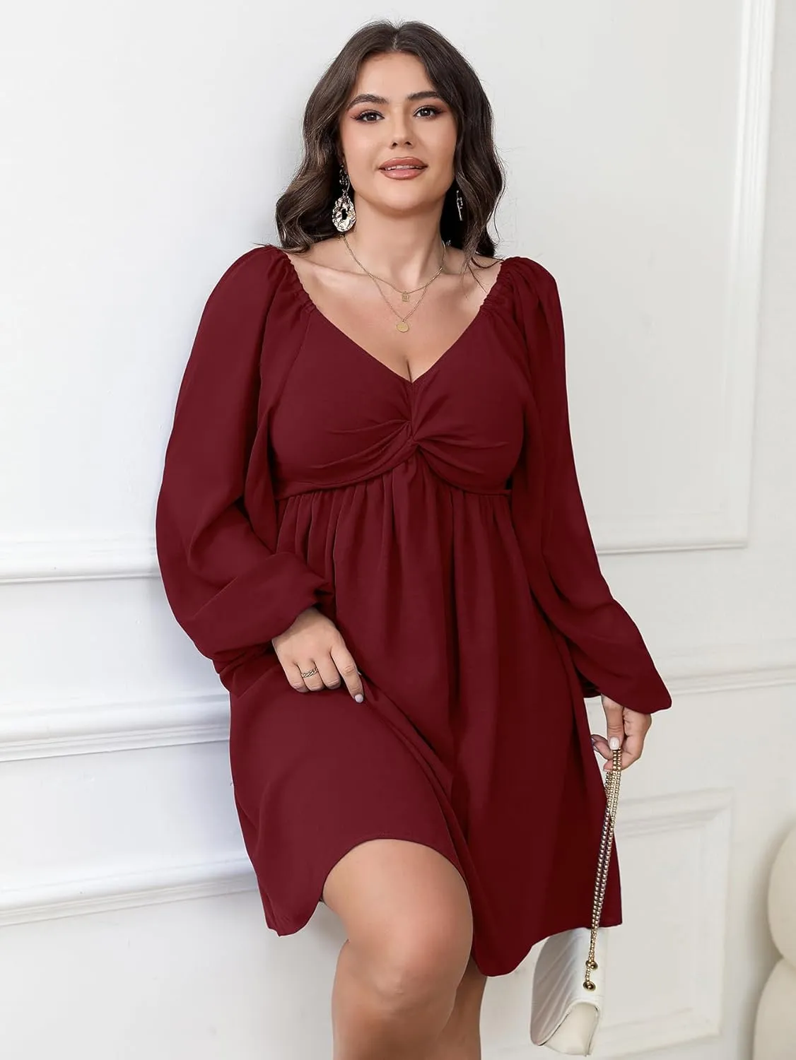 SCOMCHIC Women's Plus Size Puff Long Sleeve Dresses Sweetheart Neckline A Line Short Wedding Guest Cocktail Dress