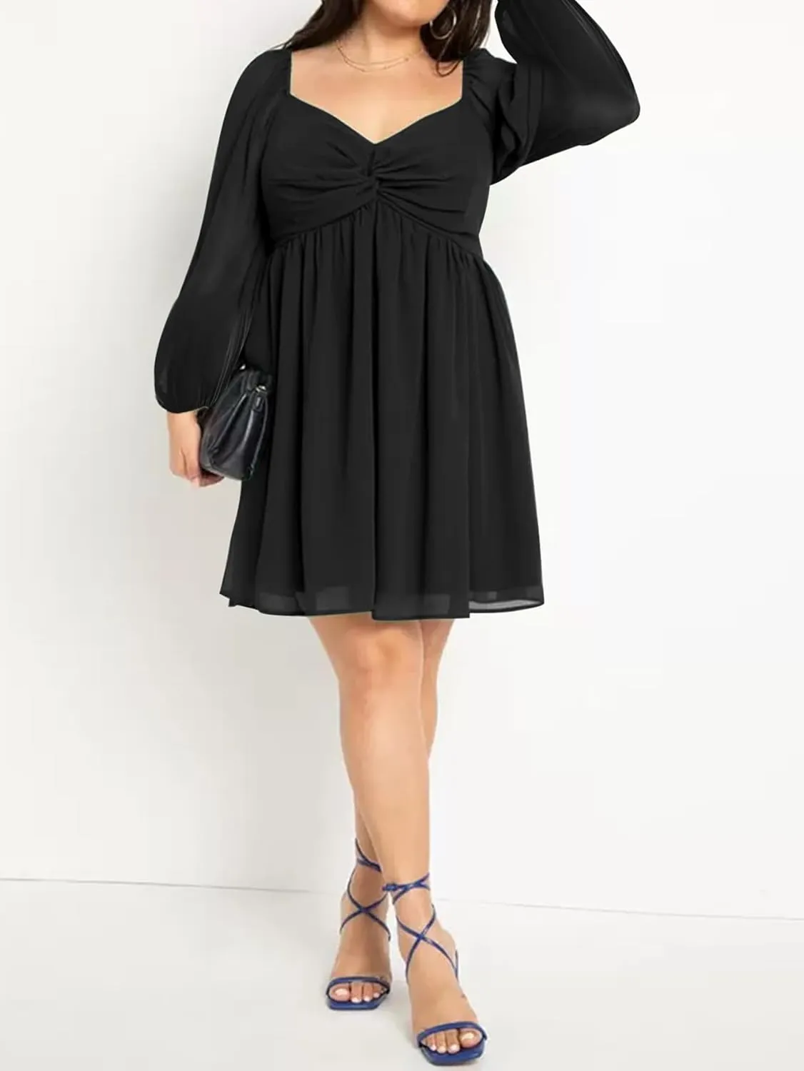 SCOMCHIC Women's Plus Size Puff Long Sleeve Dresses Sweetheart Neckline A Line Short Wedding Guest Cocktail Dress