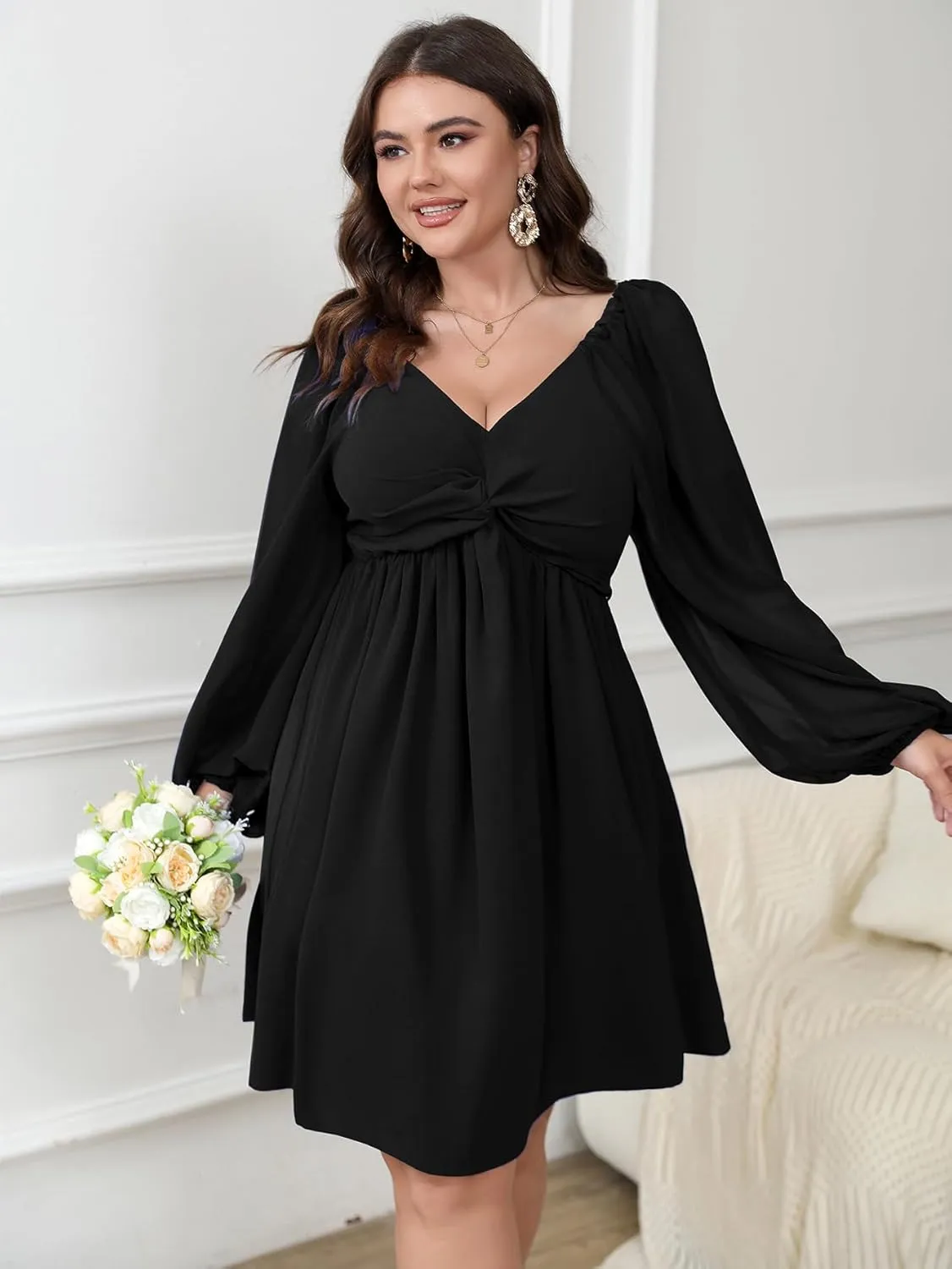 SCOMCHIC Women's Plus Size Puff Long Sleeve Dresses Sweetheart Neckline A Line Short Wedding Guest Cocktail Dress