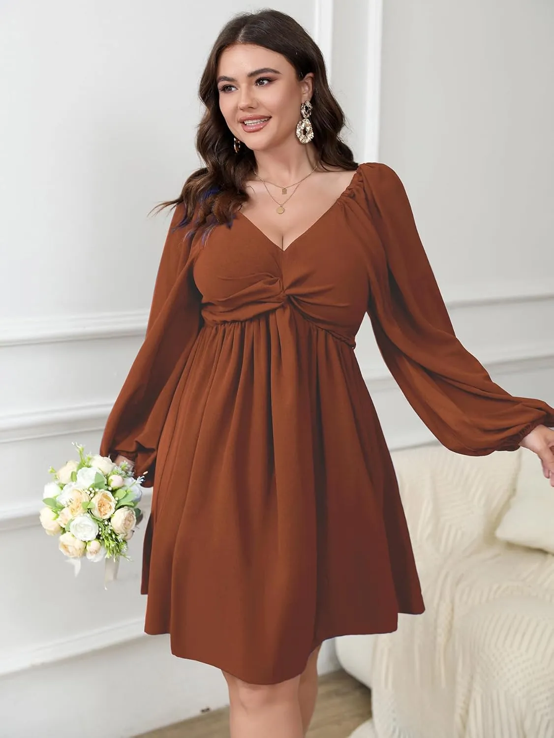 SCOMCHIC Women's Plus Size Puff Long Sleeve Dresses Sweetheart Neckline A Line Short Wedding Guest Cocktail Dress