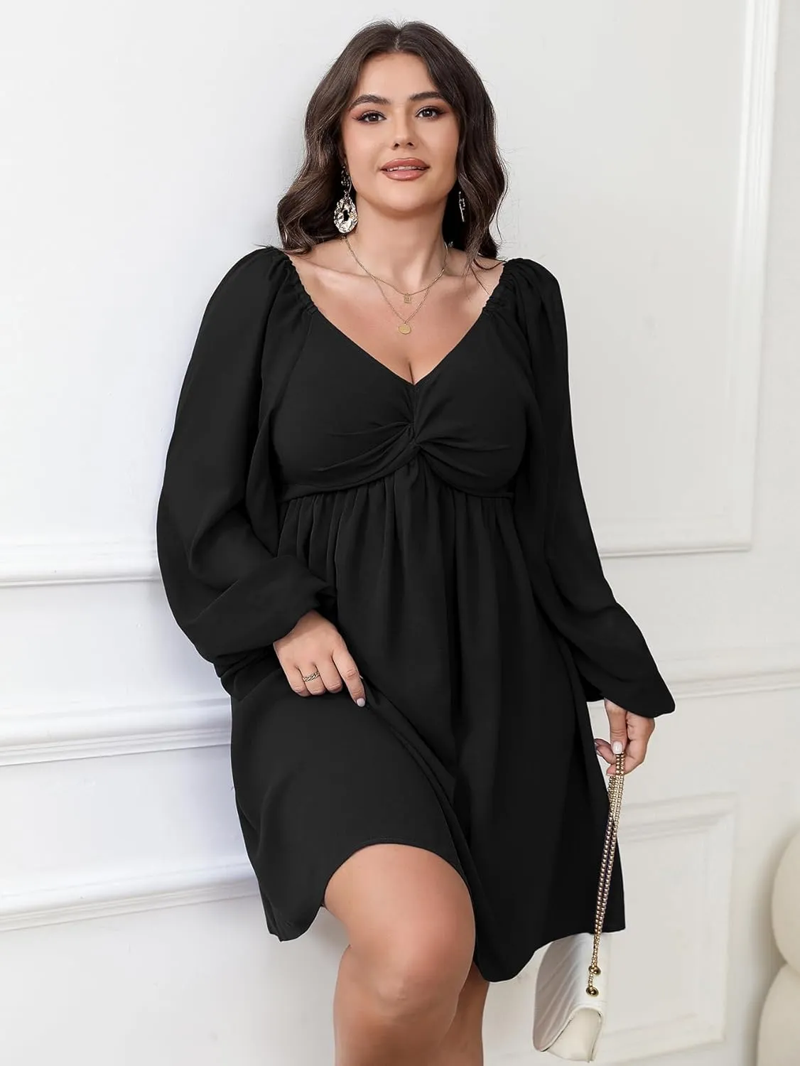 SCOMCHIC Women's Plus Size Puff Long Sleeve Dresses Sweetheart Neckline A Line Short Wedding Guest Cocktail Dress