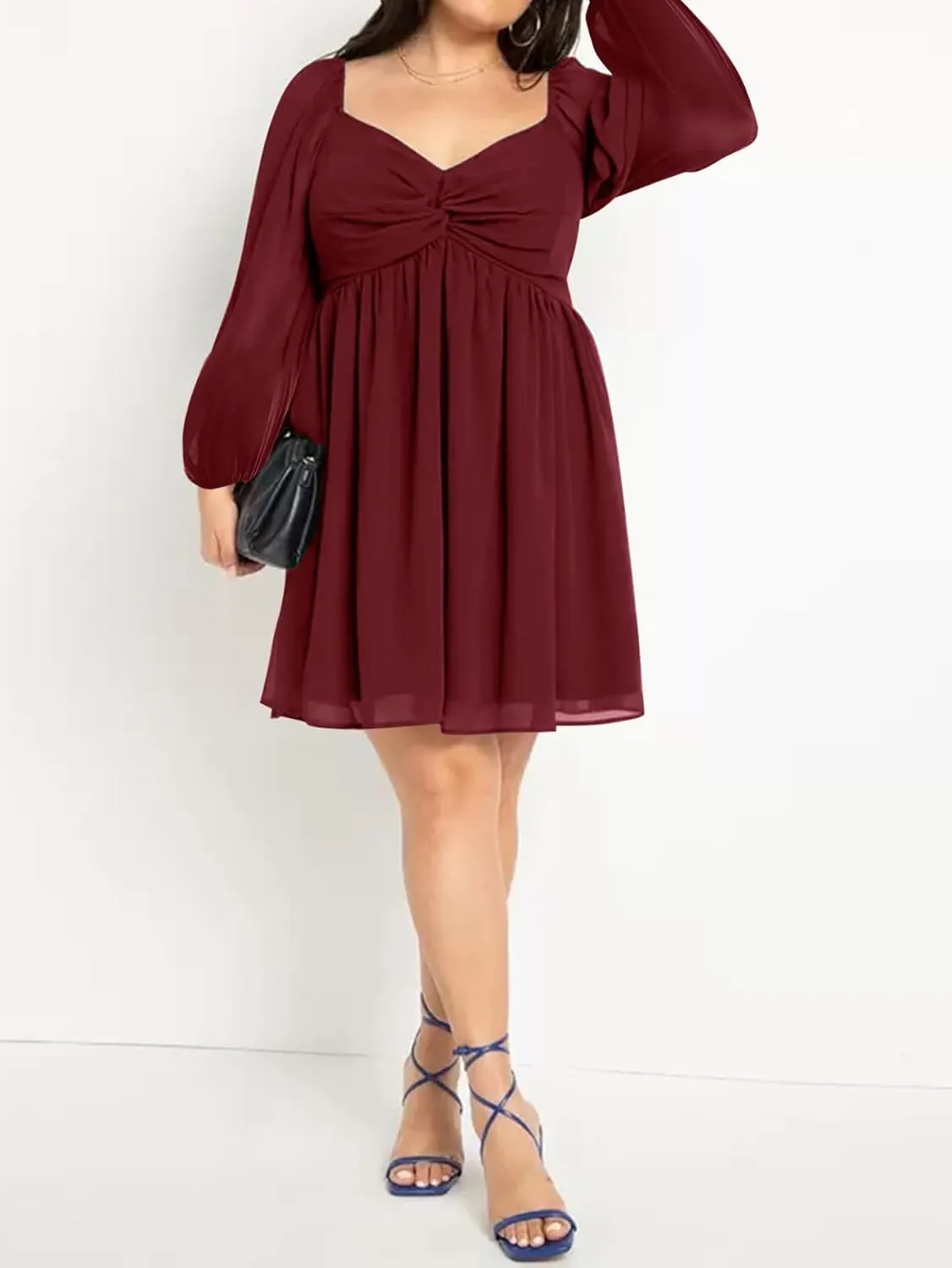 SCOMCHIC Women's Plus Size Puff Long Sleeve Dresses Sweetheart Neckline A Line Short Wedding Guest Cocktail Dress