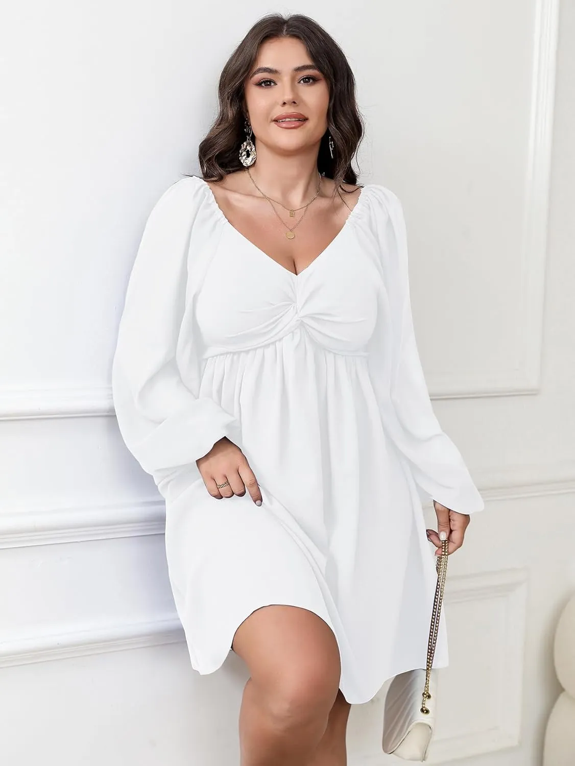SCOMCHIC Women's Plus Size Puff Long Sleeve Dresses Sweetheart Neckline A Line Short Wedding Guest Cocktail Dress