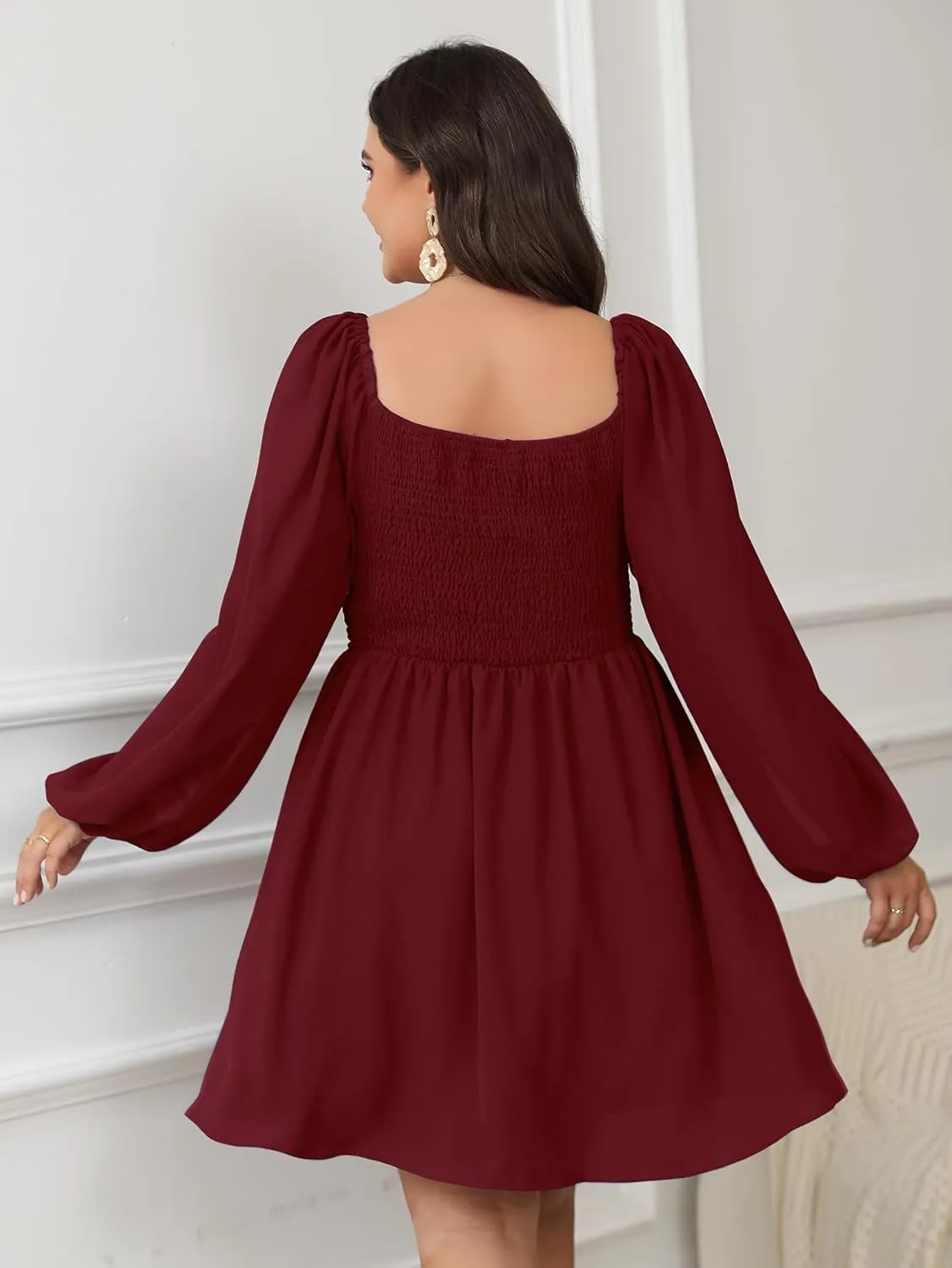 SCOMCHIC Women's Plus Size Puff Long Sleeve Dresses Sweetheart Neckline A Line Short Wedding Guest Cocktail Dress