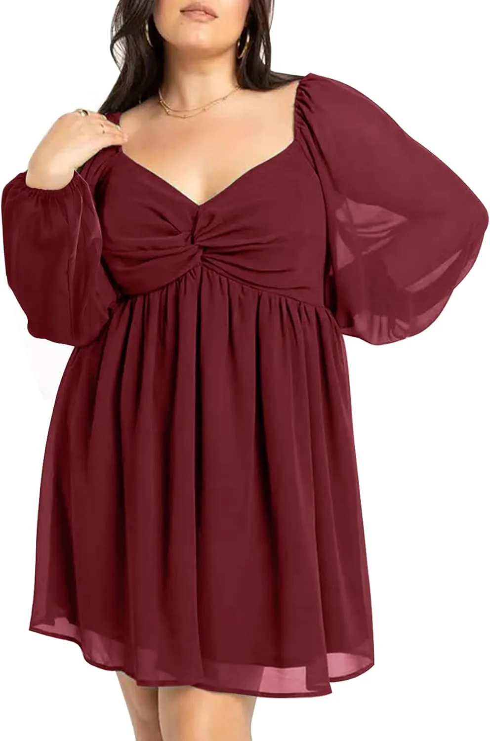 SCOMCHIC Women's Plus Size Puff Long Sleeve Dresses Sweetheart Neckline A Line Short Wedding Guest Cocktail Dress