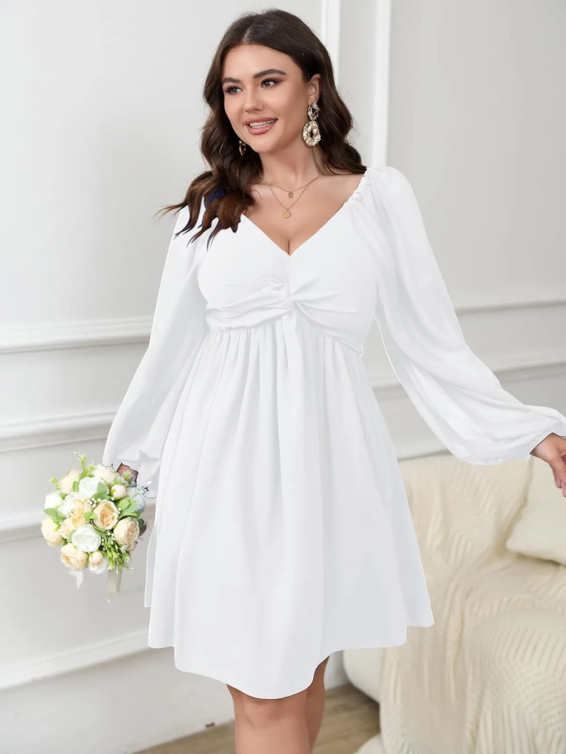 SCOMCHIC Women's Plus Size Puff Long Sleeve Dresses Sweetheart Neckline A Line Short Wedding Guest Cocktail Dress