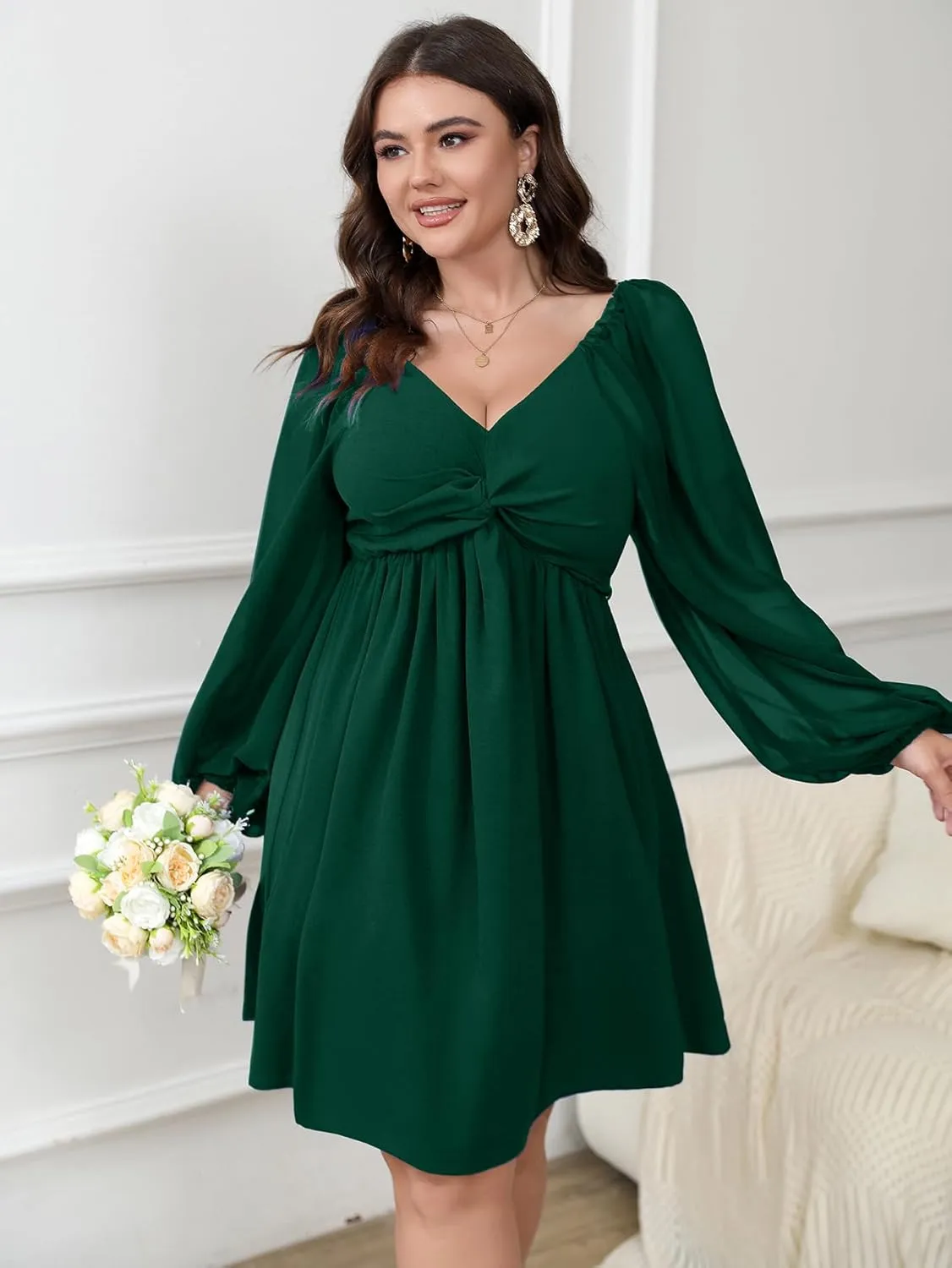 SCOMCHIC Women's Plus Size Puff Long Sleeve Dresses Sweetheart Neckline A Line Short Wedding Guest Cocktail Dress