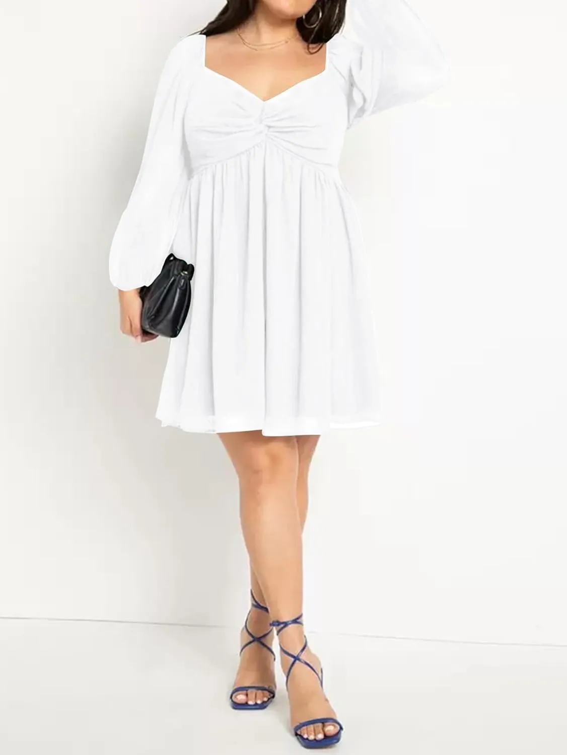 SCOMCHIC Women's Plus Size Puff Long Sleeve Dresses Sweetheart Neckline A Line Short Wedding Guest Cocktail Dress