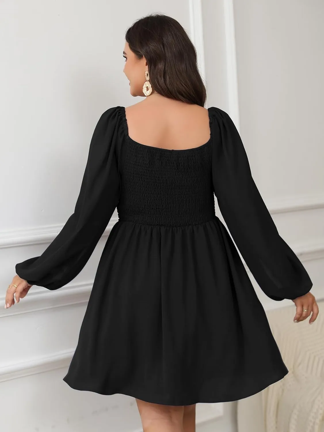 SCOMCHIC Women's Plus Size Puff Long Sleeve Dresses Sweetheart Neckline A Line Short Wedding Guest Cocktail Dress