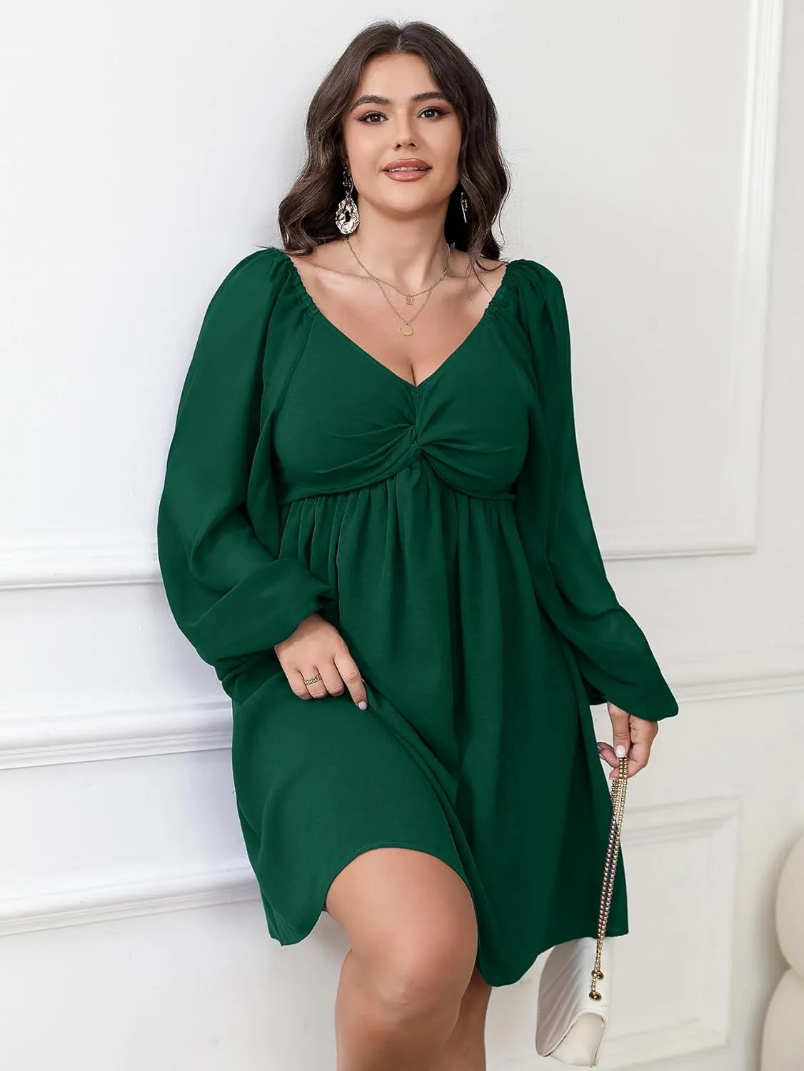 SCOMCHIC Women's Plus Size Puff Long Sleeve Dresses Sweetheart Neckline A Line Short Wedding Guest Cocktail Dress