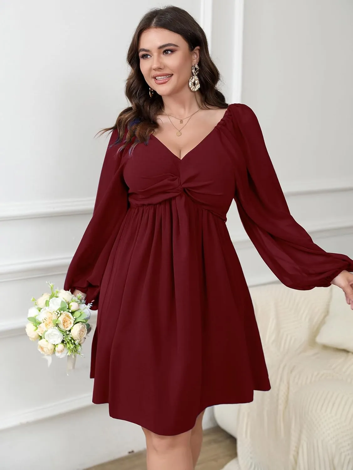 SCOMCHIC Women's Plus Size Puff Long Sleeve Dresses Sweetheart Neckline A Line Short Wedding Guest Cocktail Dress