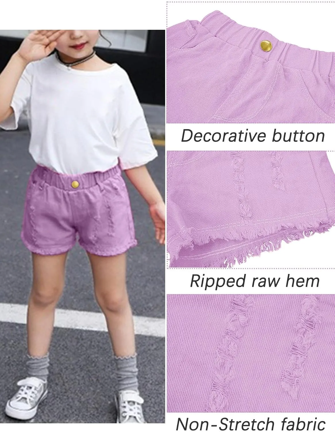 SEAUR Girls Ripped Raw Hem Denim Shorts Elastic Waist Straight Leg Jean Shorts Casual Summer Skort