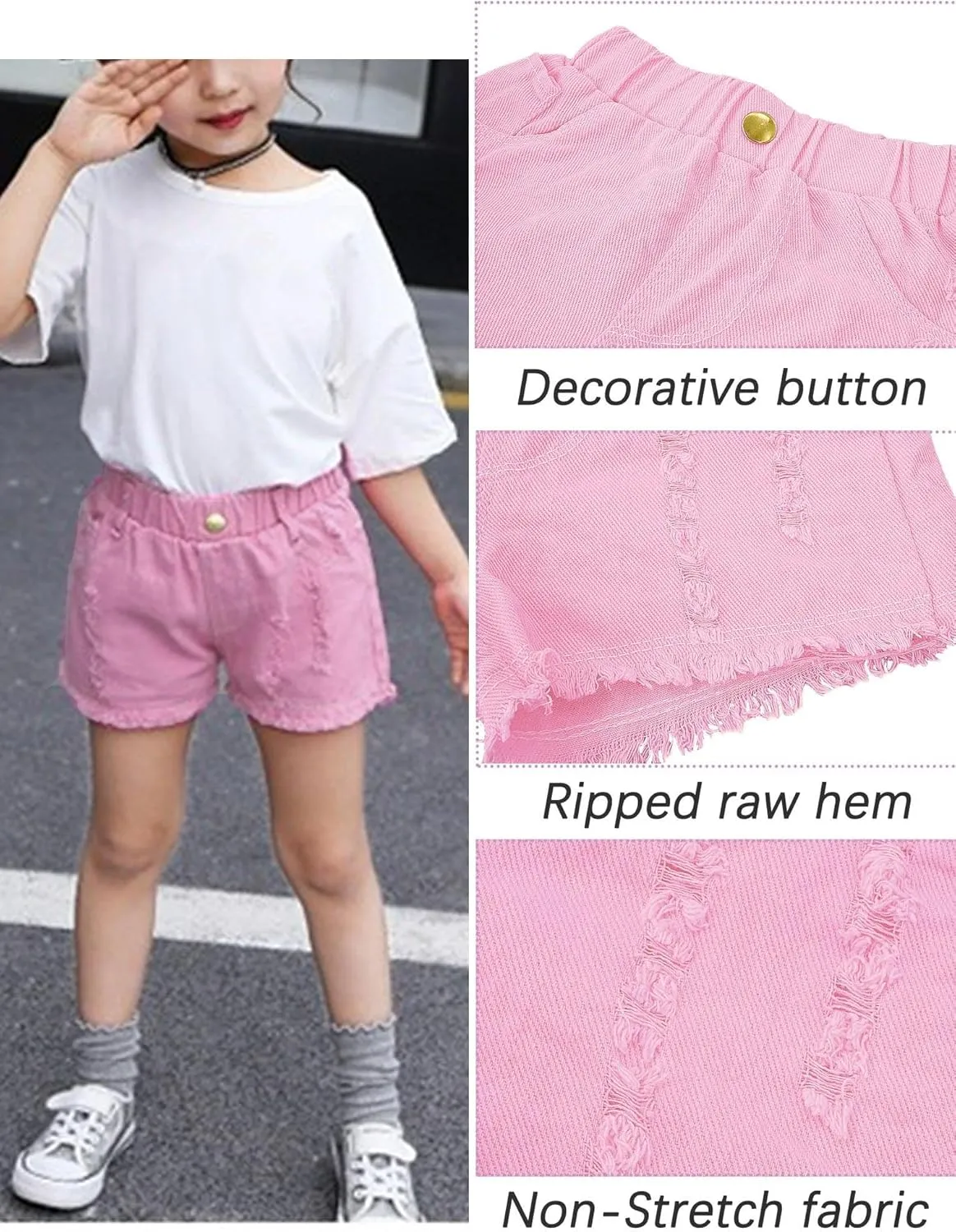 SEAUR Girls Ripped Raw Hem Denim Shorts Elastic Waist Straight Leg Jean Shorts Casual Summer Skort
