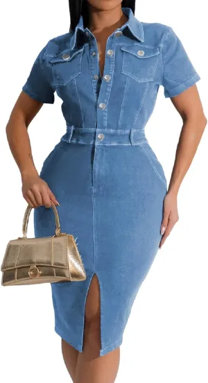 SeNight Women Denim Dresses Elegant Sexy Short Sleeve Jean Party Dress