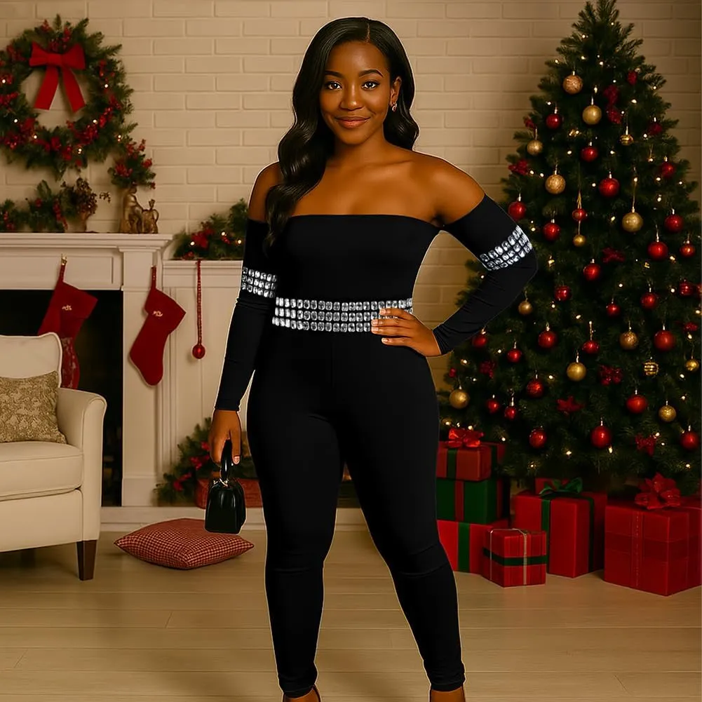 Sexy Sequin Jumpsuits for Women One Piece Bodycon Club Off Shoulder Rhinestone Romper Party Outfits