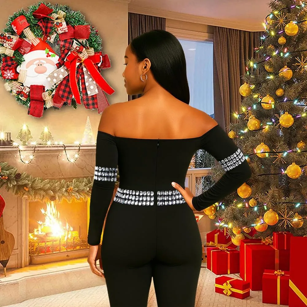 Sexy Sequin Jumpsuits for Women One Piece Bodycon Club Off Shoulder Rhinestone Romper Party Outfits