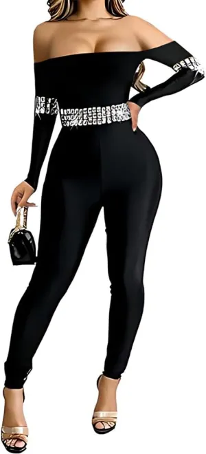 Sexy Sequin Jumpsuits for Women One Piece Bodycon Club Off Shoulder Rhinestone Romper Party Outfits