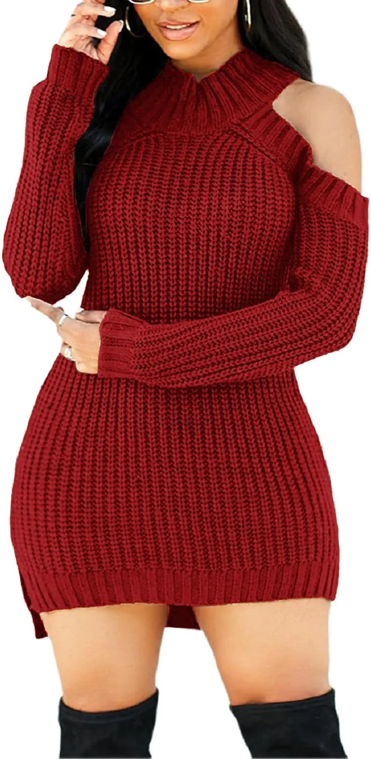 sexycherry Sweater Dresses for Women Casual Sexy Off Shoulder Long Sleeve Knit Pullover Winter Pullover Dress