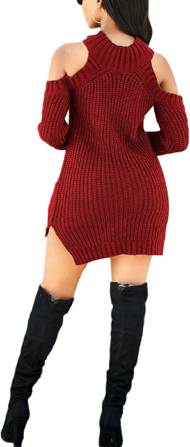 sexycherry Sweater Dresses for Women Casual Sexy Off Shoulder Long Sleeve Knit Pullover Winter Pullover Dress