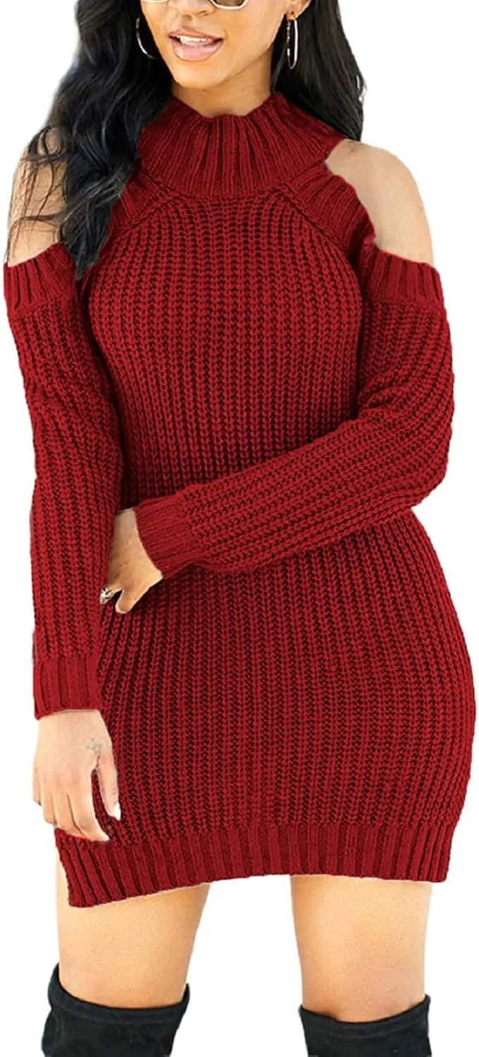sexycherry Sweater Dresses for Women Casual Sexy Off Shoulder Long Sleeve Knit Pullover Winter Pullover Dress
