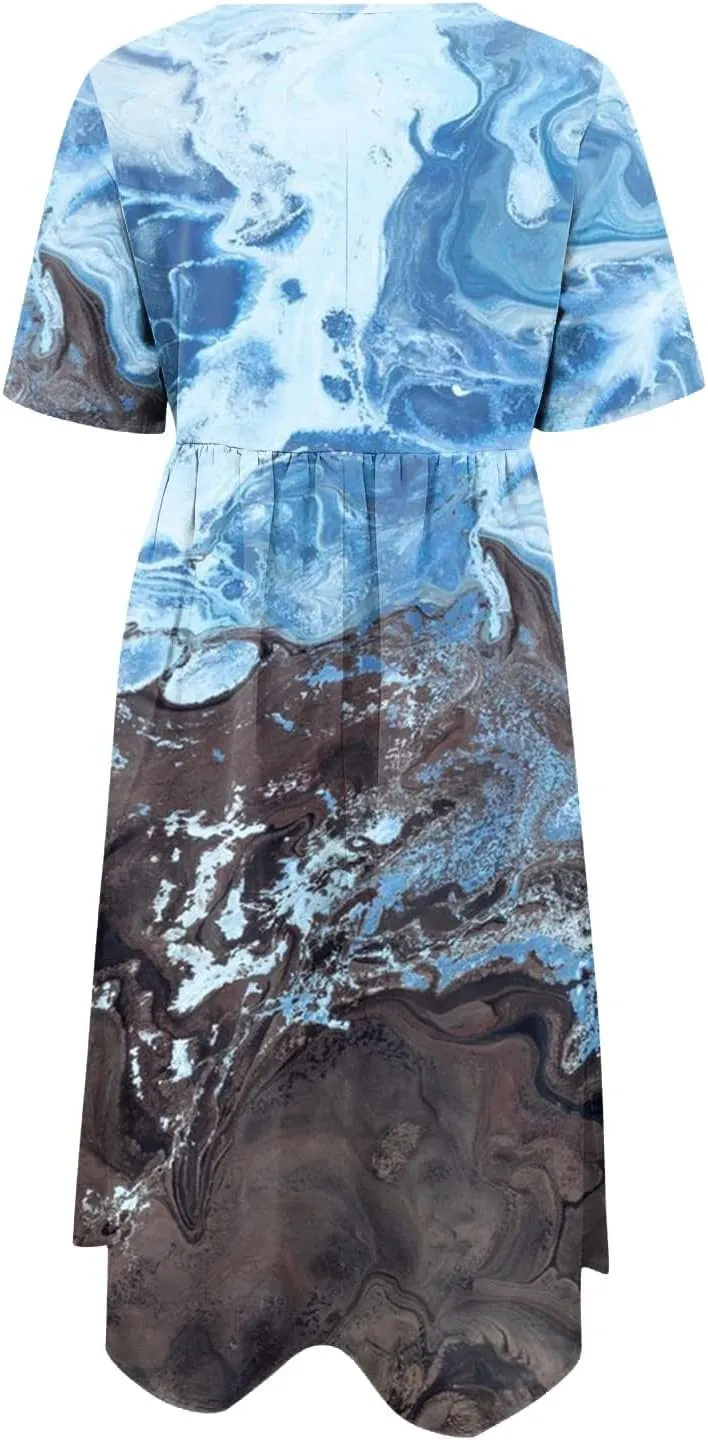 SGASY Women Short Sleeve Dress 2024 Spring Summer Loose Floral Casual Summer Flowy Tiered Long Maxi Dresses with Pockets